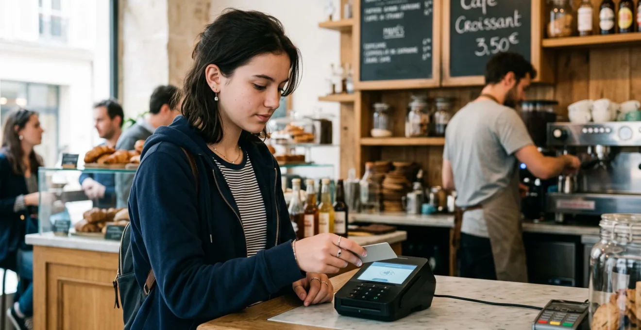 Adolescent de 16 ans effectuant un paiement sans contact avec sa carte bancaire au comptoir d'un café
