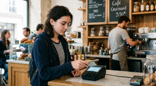 Adolescent de 16 ans effectuant un paiement sans contact avec sa carte bancaire au comptoir d'un café
