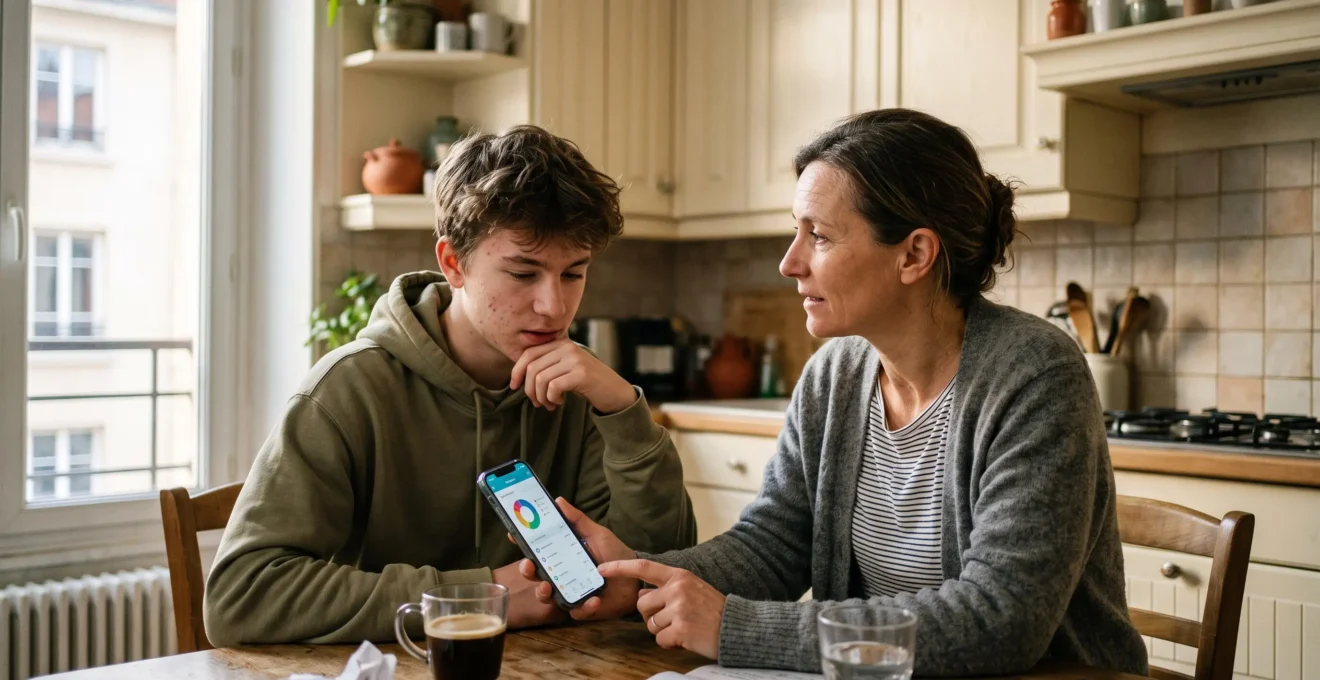 Parent et adolescent discutant ensemble de gestion financière à la maison, le parent montrant l'application de contrôle sur son smartphone